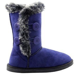 Fur Lined Twin Button Mid Calf Flat Women's Rita Winter Fleece Boot Low Heel Blu